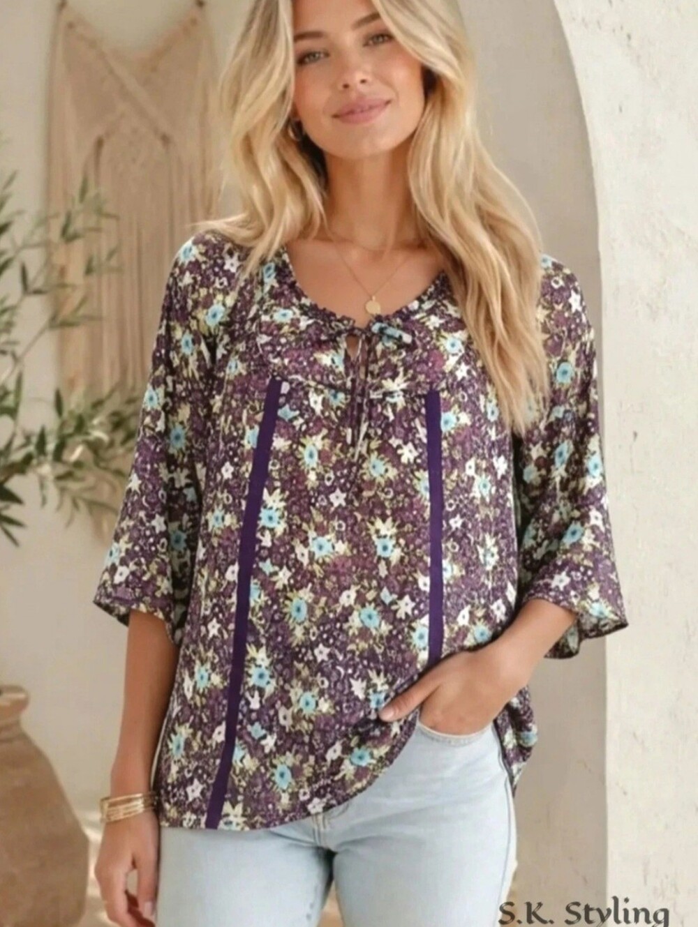 Decree Plum Floral Bohemian Peasant Top Blouse Sheer Flowy Tie Neck size Medium